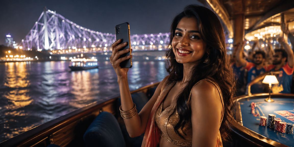 Indian player using mobile phone to access casino games at Kolkata night market